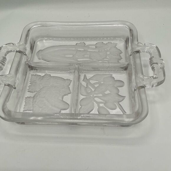 MCM Intaglio 1940's Vintage Clear & Frosted Glass Serving Divided Tray Handles - Picture 5 of 5
